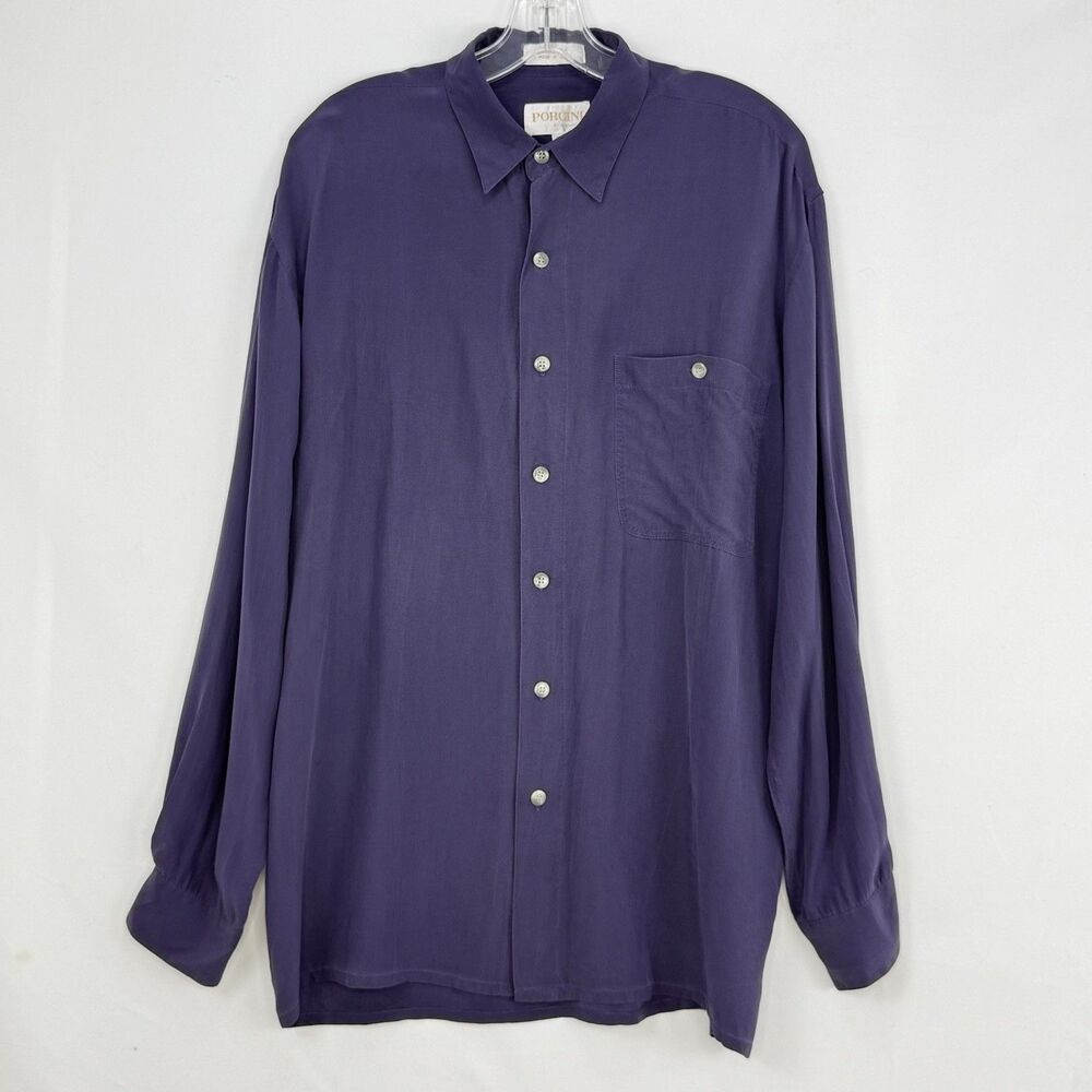 Porcini by Brietta 100% Silk Button Down Shirt Purple Mens Small Classic - Picture 2 of 16